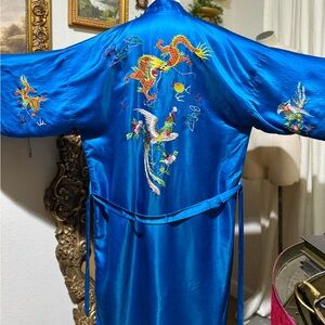 Vtg Golden Dragon Teal Embroidered Kimono Robe Large Satin Excellent Condition